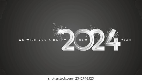 We wish You Happy New Year 2024 eve silver glass modern design numbers sparkle firework black color greeting card