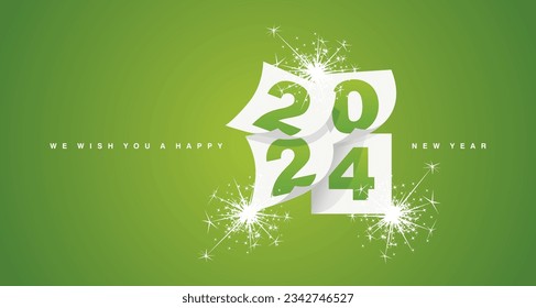 We wish you a Happy New Year 2024 greeting card design template with light sparkle firework on lucky green background. New Year 2024 start concept