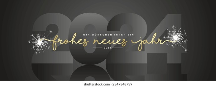 We wish you Happy New Year 2024 on German language, modern design, golden new updated handwritten lettering with black 2024 year mirrored shadow in background and sparkler firework