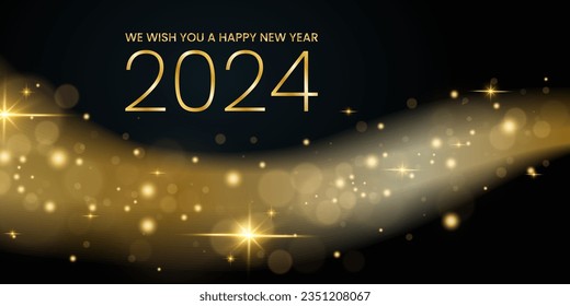 We wish you a Happy New Year 2024 shining sparkler abstract shiny and glitter effect on dark background. greeting card.