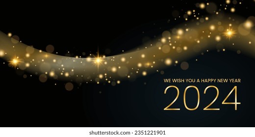 We wish you a Happy New Year 2024 shining sparkler abstract shiny and glitter effect on dark background. greeting card.