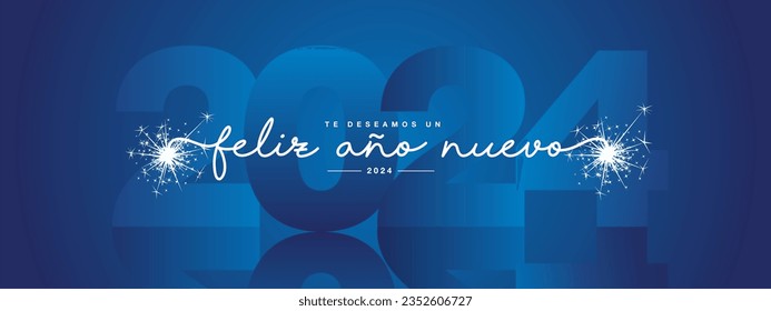 We wish you Happy New Year 2024 on Spanish language, modern design, white new updated handwritten lettering with blue 2024 year mirrored shadow in background and sparkler firework