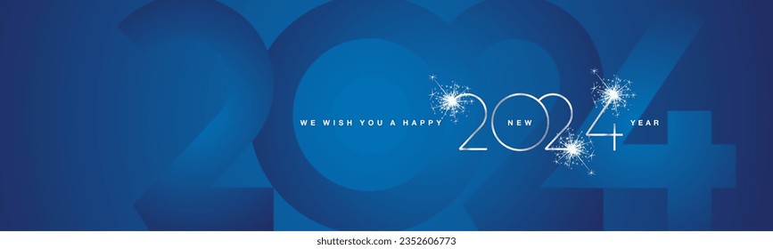 We wish You Happy New Year 2024. 2024 event modern design silver shining light typography sparkle fireworks with 2024 shadow numbers blue banner