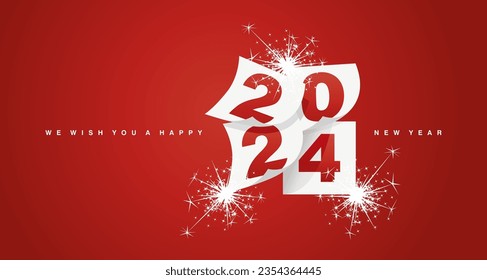 We wish you a Happy New Year 2024 event greeting card design template with light sparkle firework on red background. New Year 2024 start concept