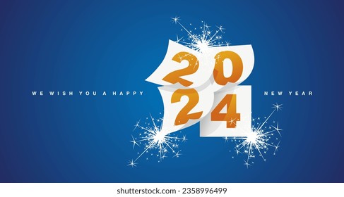 We wish you a Happy New Year 2024 event greeting card design template with light sparkle firework orange yellow numbers white paper blue background. New Year 2024 start concept