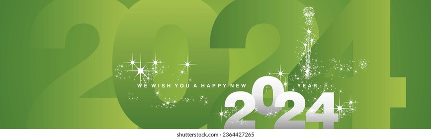 We wish you a Happy New Year 2024. Sparkler firework over 2024 numbers in background. Silver white lucky green greeting card