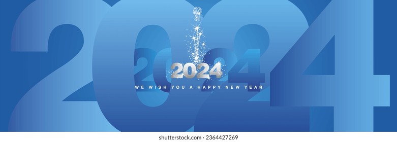 We wish you a Happy New Year 2024 sparkler firework shining silver light blue background greeting card