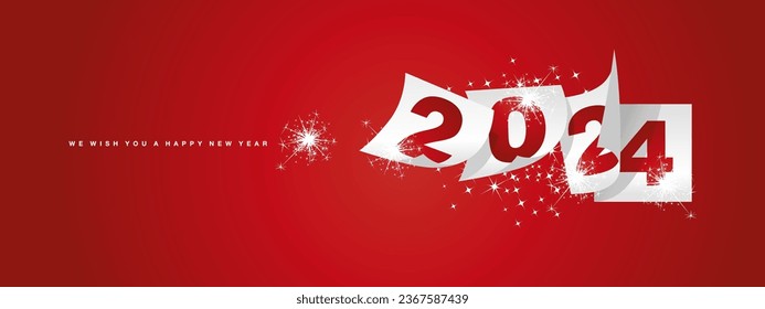 Le deseamos Feliz Año Nuevo 2024 planilla de diseño de tarjetas de felicitación de vacaciones de invierno sobre fondo rojo. Año Nuevo 2024 con hojas blancas de calendario y fuegos artificiales