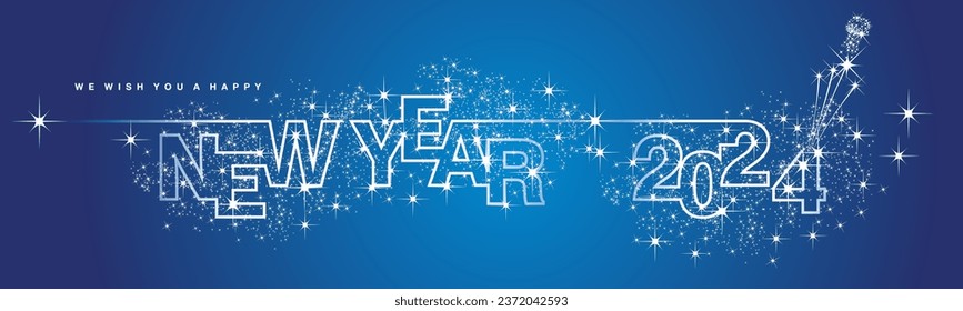 We wish you Happy New Year 2024 line design shiny glitter sparkler firework open champagne 2024 new year eve white blue vector wallpaper long banner greeting card