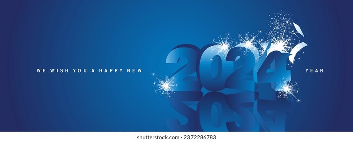 Le deseamos un Feliz Año Nuevo 2024, diseño moderno, con fuegos artificiales de destello azul 3D explosivo 2024 y sombra espejo 2024 en fondo azul