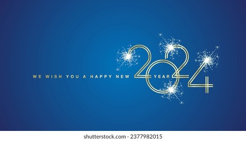 We wish You a Happy New Year 2024 new golden double line design numbers with white sparkle firework blue background greeting card