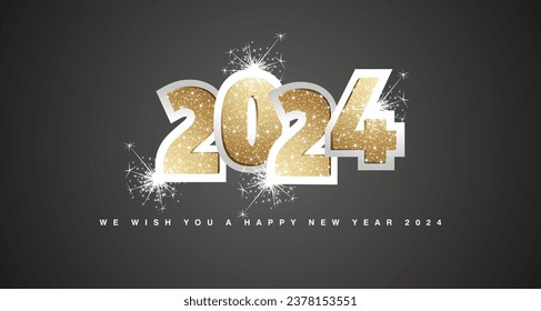 We wish you a Happy New Year 2024 light golden glitter typography on silver 2024 with sparkle firework. New Year 2024 on black background banner