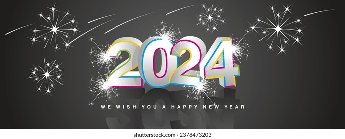 We wish you Happy New Year 2024. Modern 3d concept design. Colorful line on 3D silver 2024 and mirrored shadows in black background with stars sparkling fireworks