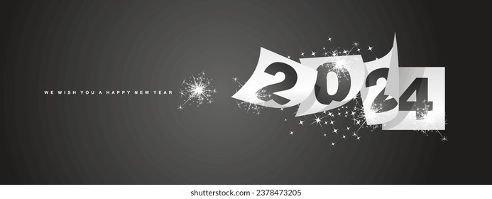 We wish you Happy New Year 2024 winter holiday greeting card design template on black background. New Year 2024 with white calendar sheets and sparkler firework