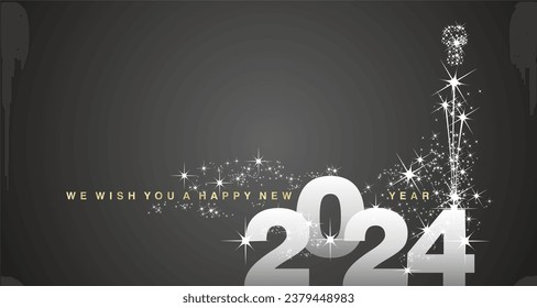 We wish you a Happy New Year 2024 shining firework gold white silver black background greeting card