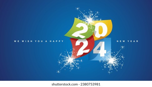 We wish you a Happy New Year 2024 event greeting card design template with light sparkle fireworkwhite numbers colorful paper blue background. New Year 2024 start concept