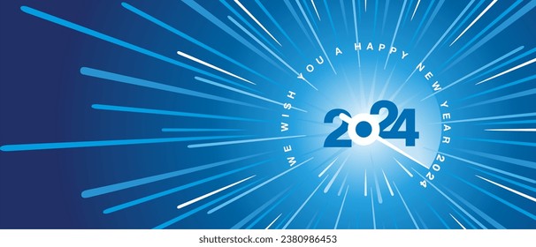 We wish you a Happy New Year 2024. Blue white type typography blue background. high warp speed space with speedometer shape needle moving to the year number 2024. 2024 start greeting card