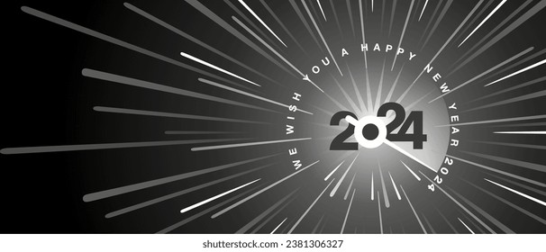We wish you a Happy New Year 2024. Black white type typography black background. high warp speed space with speedometer shape needle moving to the year number 2024. 2024 start greeting card