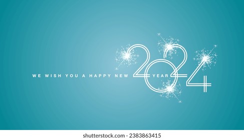 We wish You a Happy New Year 2024 new white double line design numbers with white sparkle firework sea green background greeting card