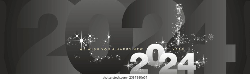 We wish you a Happy New Year 2024. Sparkler firework over 2024 numbers in background. Silver white black greeting card