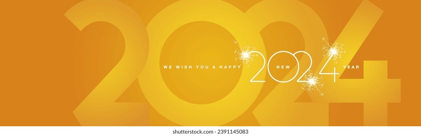 We wish You Happy New Year 2024. 2024 event modern design white shining light typography sparkle fireworks with 2024 shadow numbers orange yellow banner