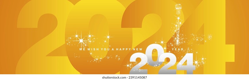 We wish you a Happy New Year 2024. Sparkler firework over 2024 numbers in background. Silver white yellow orange greeting card