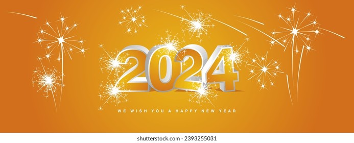 We wish you Happy New Year 2024. New modern 3d concept design. Yellow orange white silver 3D 2024 with shadows and stars sparkling fireworks on orange background