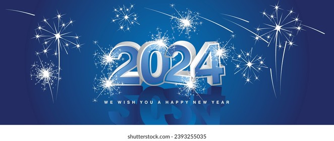 We wish you Happy New Year 2024. New modern 3d concept design. Blue white silver 3D 2024 and mirrored shadows in blue background with stars sparkling fireworks