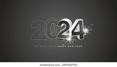 We wish you a happy new year 2024 eve. Architecture construction  from line drawing to 3d model numbers of 2024 with sparkle firework on black board background