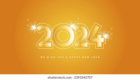 We wish you Happy New Year 2024 modern trendy design numbers with line neon numbers over and sparkle firework abstract white orange yellow greeting card