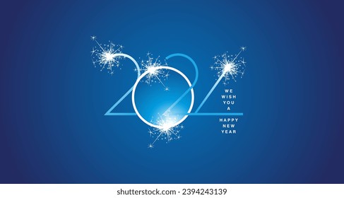 We wish you happy New Year 2024 abstract shining light numbers typography design logo white sparkler firework on blue background