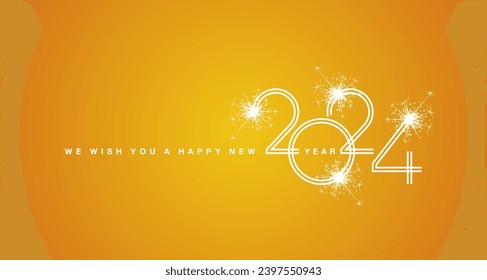 We wish You a Happy New Year 2024 new double line design numbers with white sparkle firework orange yellow background greeting card