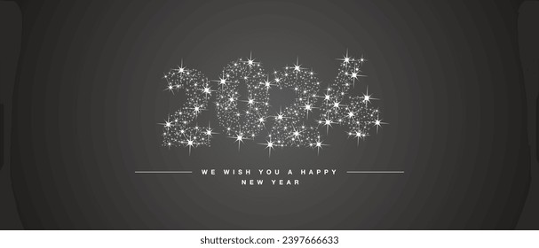 We wish you Happy New Year 2024. Numbers tipography with many stars and stardust in the shape of 2024 on black background