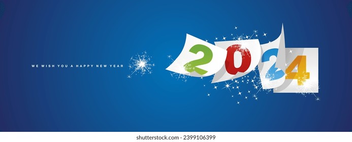 We wish you Happy New Year 2024 winter holiday greeting card design template on blue background. New Year 2024 with color of the year colorful white calendar sheets and sparkler firework