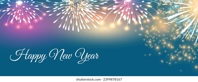 We wish you Happy New Year 2024 handwritten lettering typography line design sparkle firework gold white blue year 2024 background web banner vector design