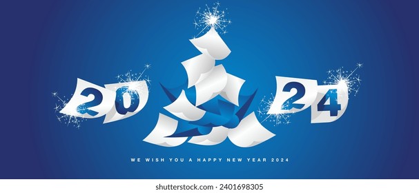 We wish you Happy New Year 2024. Beautiful winter holiday greeting card design template on blue background. White blue paper in the form of Christmas tree and New Year 2024 with calendar sheets and sp