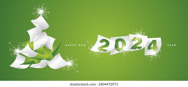 We wish you Happy New Year 2024. Beautiful winter holiday greeting card design template on green background. White lucky green paper in the form of Ch