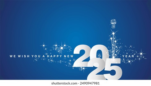 We wish you a Happy New Year 2025 event new elegant style calendar numbers shining silver white blue greeting card