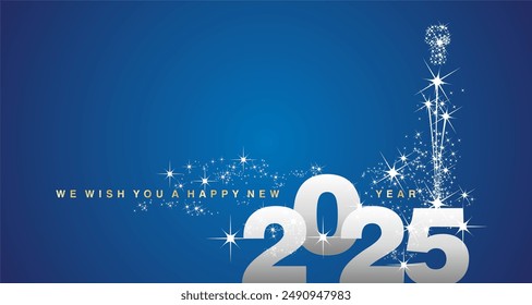 We wish you a Happy New Year 2025 shining firework gold white silver blue background greeting card