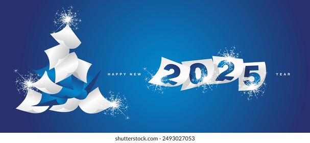 We wish you Happy New Year 2025. Beautiful winter holiday greeting card design template on blue background. White blue paper in the form of Christmas tree and New Year 2025 with calendar sheets