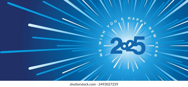 We wish you a Happy New Year 2025 high warp speed space blue type typography with abstract tunnel or speedometer shape on blue white background greeting card