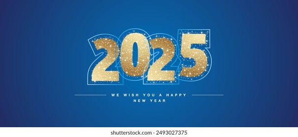 We wish you a Happy New Year 2025 light golden glitter typography with neon outline 2025. New Year 2025 on blue background