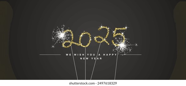 We wish you Happy New Year 2025 eve handwritten tipography golden glitter stars sparkler fireworks black background greeting card