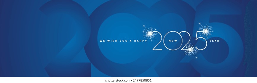 We wish You Happy New Year 2025. 2025 event modern design silver shining light typography sparkle fireworks with 2025 shadow numbers blue banner