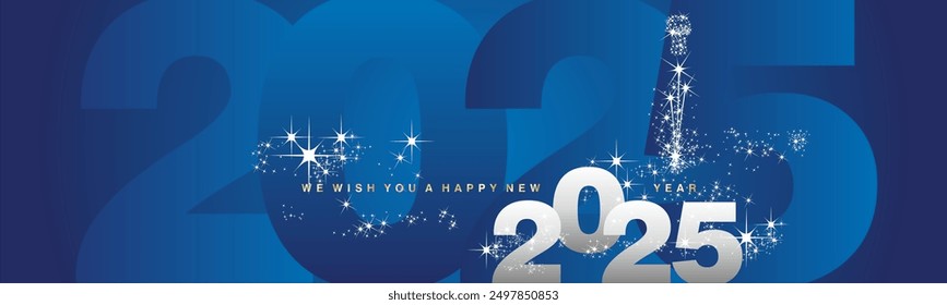 We wish you a Happy New Year 2025. Sparkler firework over 2025 numbers in background. Silver white blue greeting card