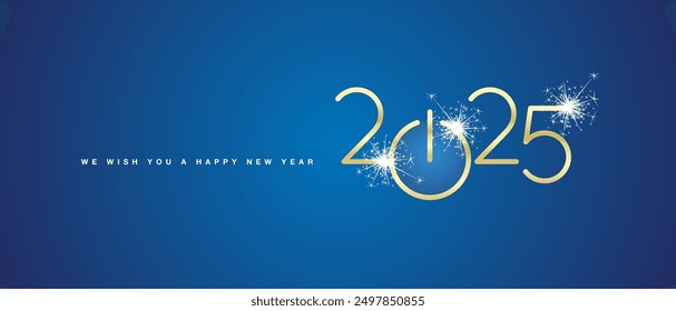 We wish you a Happy New Year 2025 eve golden shining rounded typography sparkle firework blue background banner with turn on start button