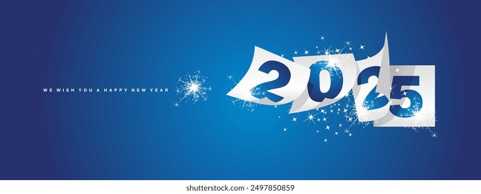 We wish you Happy New Year 2025 winter holiday greeting card design template on blue background. New Year 2025 with white calendar sheets and sparkler firework