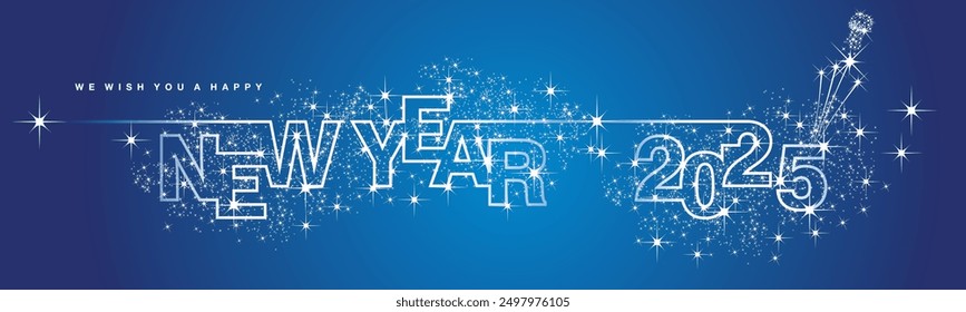 We wish you Happy New Year 2025 line design shiny glitter sparkler firework open champagne 2025 new year eve white blue vector wallpaper long banner greeting card