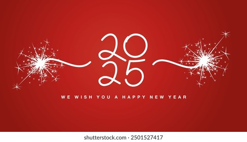 We wish you a Happy New Year 2025 handwritten line design lettering typography white light numbers sparkle firework red background banner