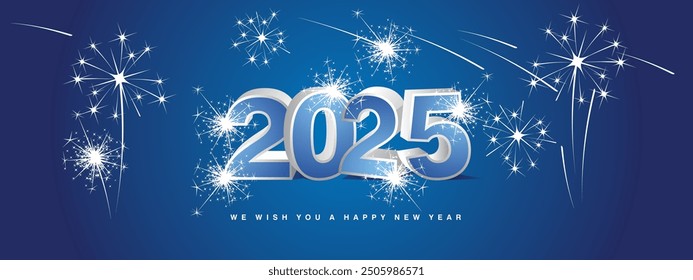 Les deseamos Feliz Año Nuevo 2025. Nuevo diseño de concepto 3D moderno. Plata blanca azul claro 3D 2025 con sombras y estrellas fuegos artificiales brillantes sobre fondo azul